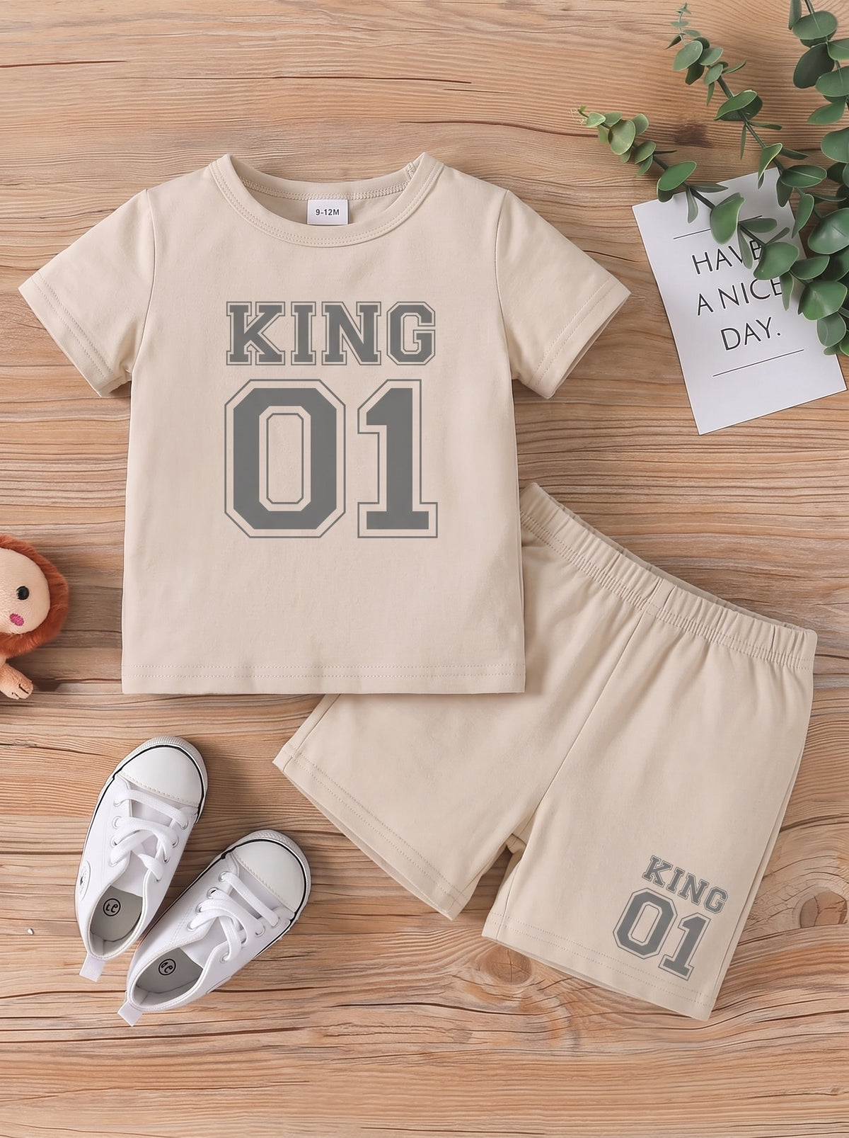 KING 01 T-Shirt & Shorts Set – Beige Outfit