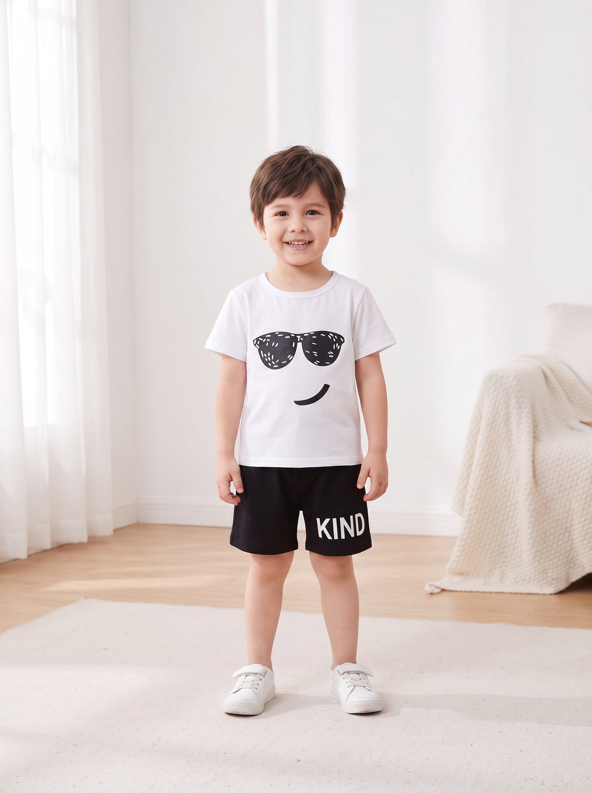 Kind Cool Sunglasses T-Shirt & Shorts Set – White & Black Outfit